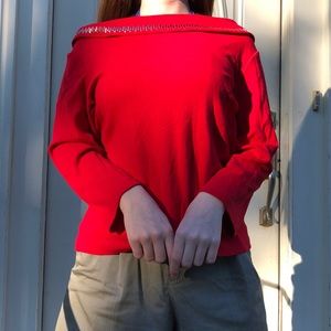 Rafaella PM cowl neck red tee with stud decoration